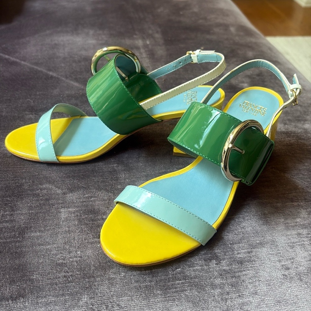 Frances Valentine Betty Green, Yellow, & Blue Block Heel Sandals Sz 6, Unworn